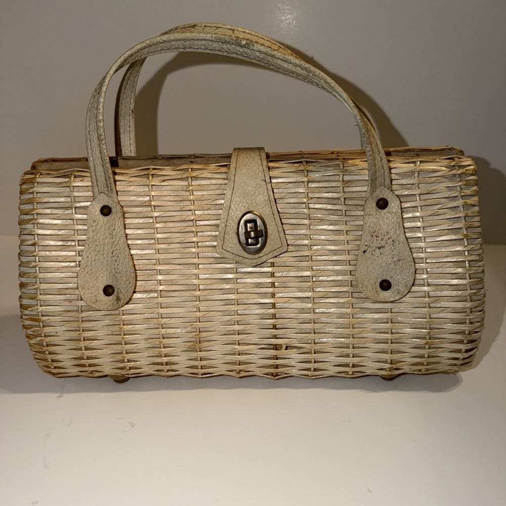 Vintage Basket Weave Wicker Purse Cream & Silver Accents Japan